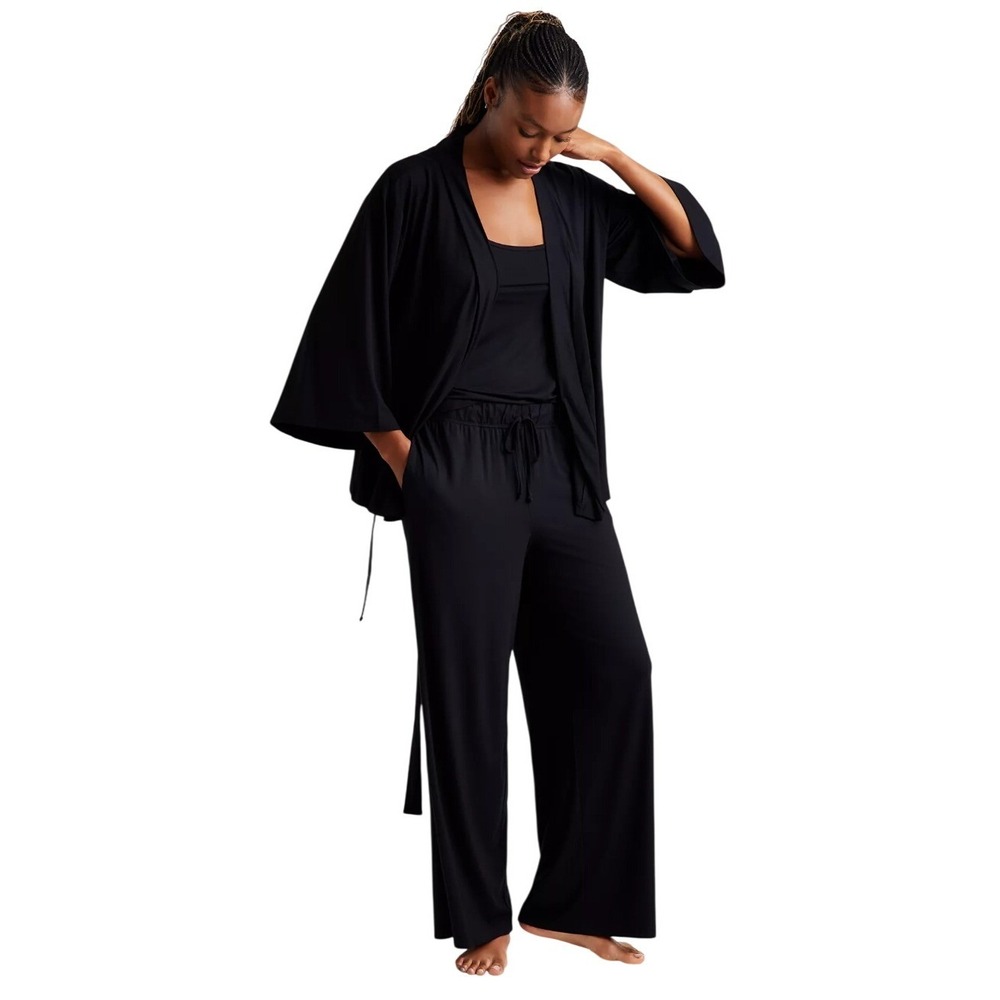 State of Day Womens Fluid Knit 3-Piece Pajama Set Black Robe Cami Pants Small